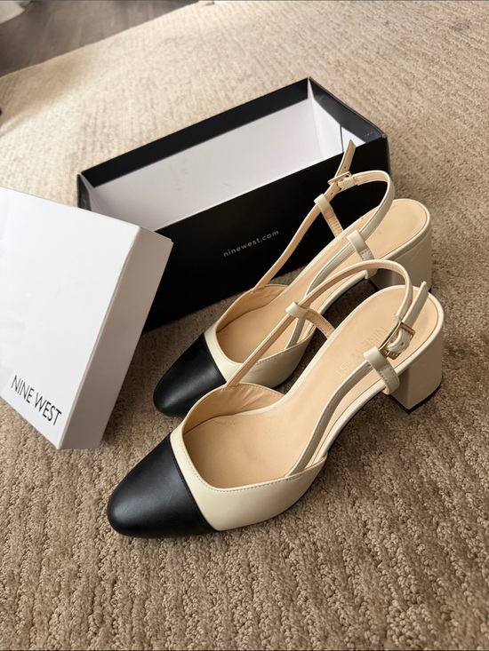 Nine West Shoes - Nine West Cream and Black Pointed Slingback Block Heels